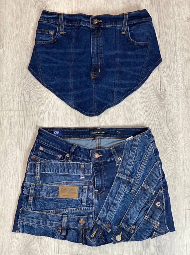 Überarbeitete Denim-Bluse und -Rock aus Lee-, Levis-, Wrangler- und anderen markenrechtlich geschützten Vintage-Jeans - Stil-CR634