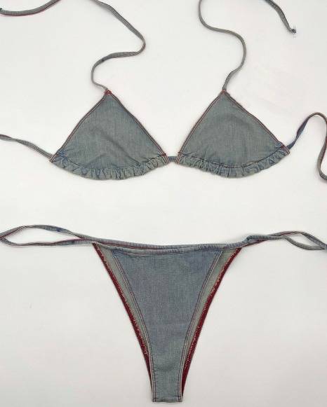 Überarbeitetes Damen-Set aus Bikini und sexy Shorts aus Vintage-Denim-Shirts, Stil # CR767