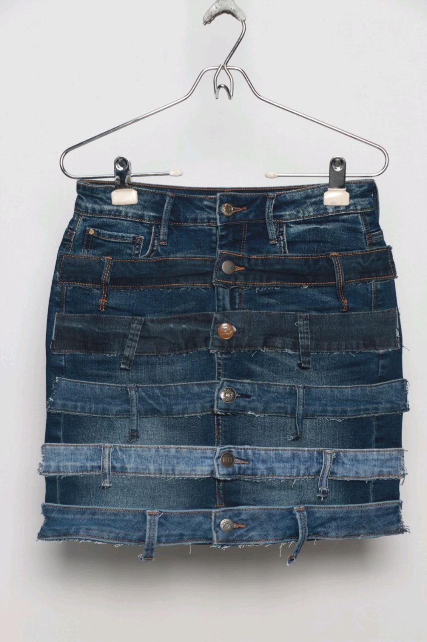 Reworked Ladies Mini Belted Skirts made using Vintage Denim Pants, Style # CR883.