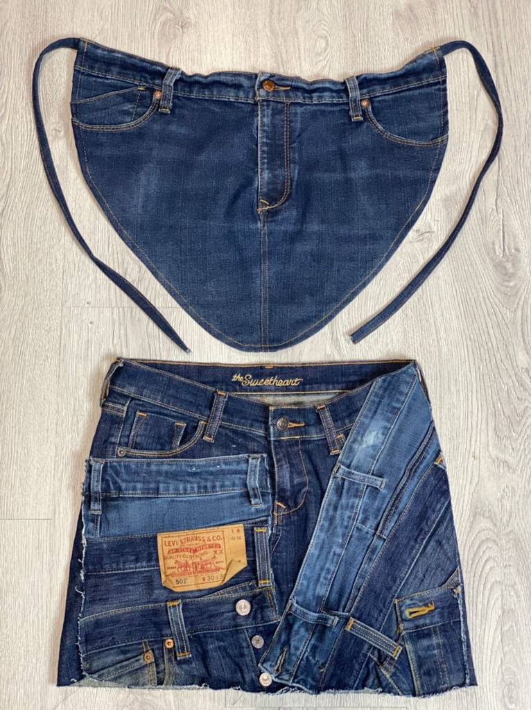 Überarbeitetes Damen-Set aus Denim-Bluse und -Rock, hergestellt aus Vintage Damen-Levis und anderen Denim-Hosen, Stil # CR436