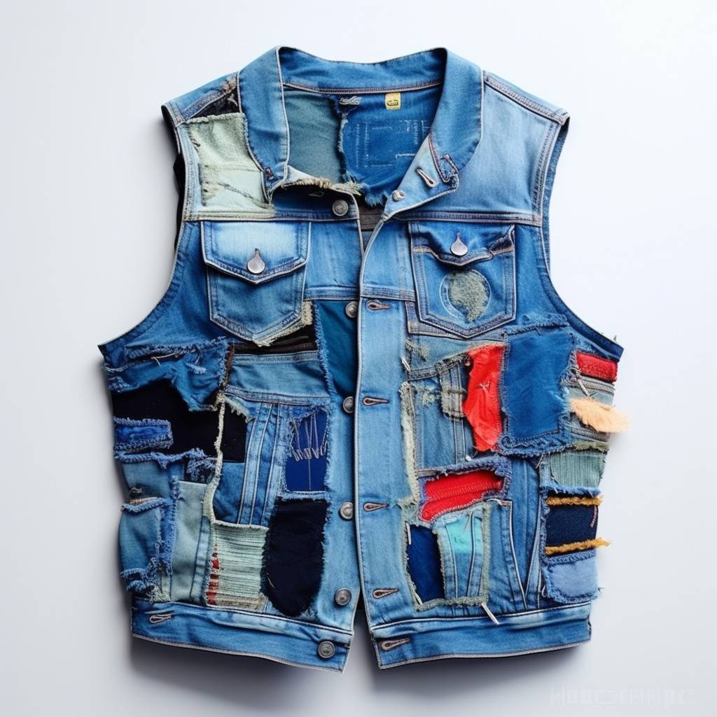 Reworked (One of One) Men's Denim Colorful Patchwork Vest Made Using Men's Unbranded Denim Jacket Style CR653