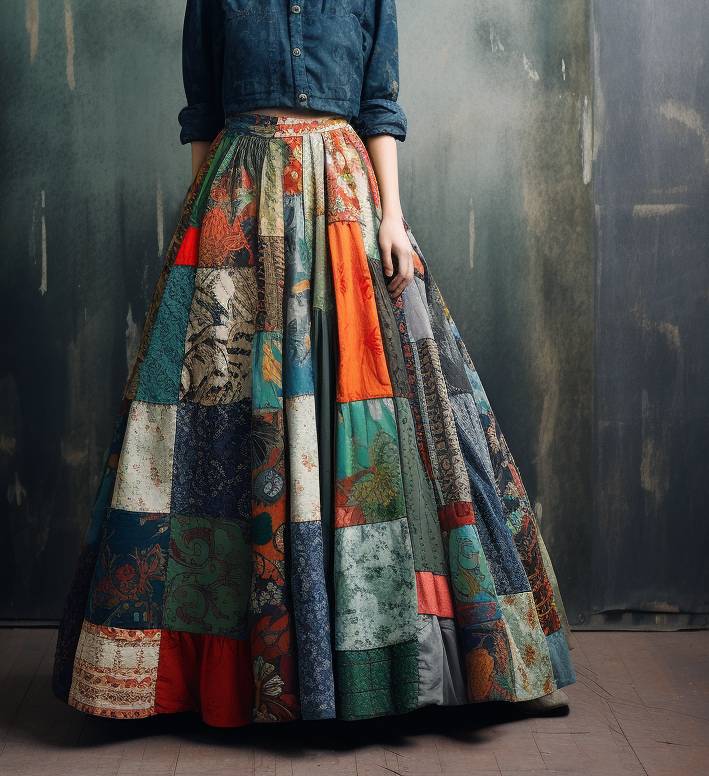 Reworked Ladies Goodey Haute Couture Skirt with Net Inner made using different colorful patch Style CR677