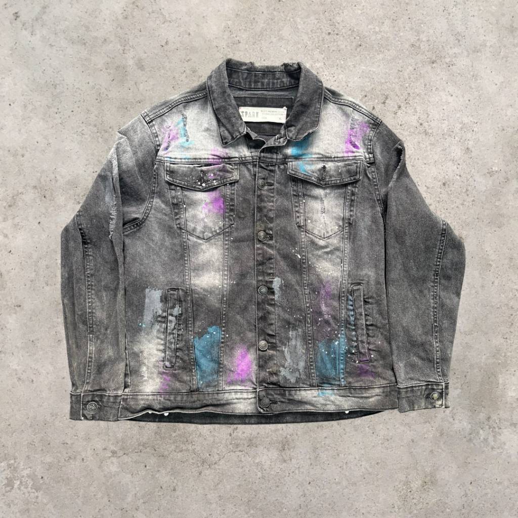Screenprinted + Distressed Vintage Upcycled Unbranded Black Denim Jacket