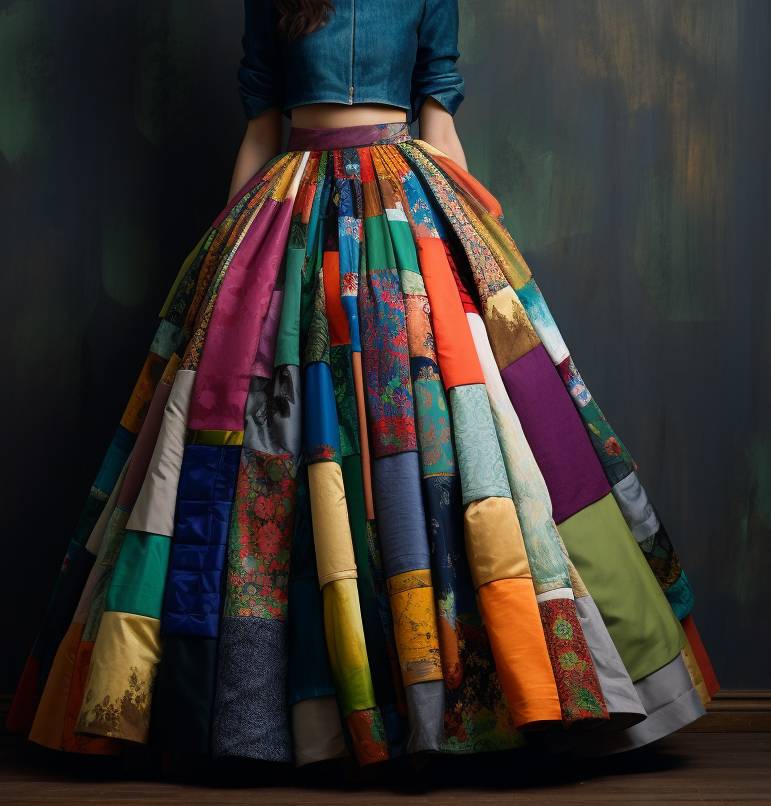Reworked Ladies Goodey Haute Couture Skirt with Net Inner made using different colorful patch Style CR677
