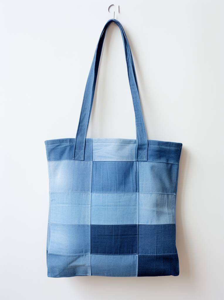 Sac fourre-tout en patchwork denim retravaillé à l'aide de blouses et chemises en denim pour hommes et femmes, modèle CR682