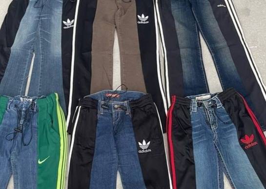 Reworked Ladies Denim Jeans with Trouser made using Nike, Adidas, Puma, Fila, Under Armour and Other Vintage Trousers and unbranded Denim, Style # CR823